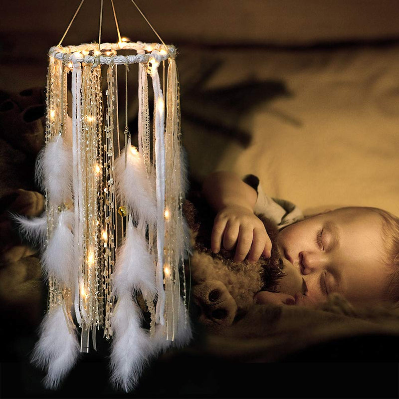 NewNest Australia - Dream Catcher Mobile Large Light Up Dream Catchers with Golden Shining Lace& Bells LED Fairy Lights Battery Powered Hanging Ornaments- 7.9Wx 22L Inches Feathers Wedding Boho Decorations Nursery Decor 