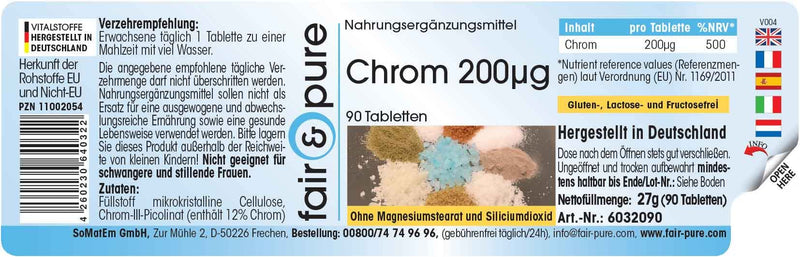 Chromium tablets 200µg - made from chromium picolinate - vegan - yeast-free - without magnesium stearate - 90 chromium tablets - essential trace element - NewNest Australia