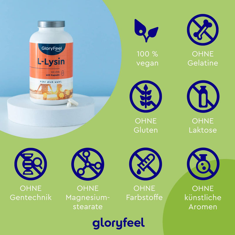 L-Lysine - 400 Vegan Capsules - 1,000 Mg Lysine High Dose Per Daily Dose - Essential Amino Acid With Zinc For Immune System & Skin, Hair, Nails - From Vegetable Fermentation - NewNest Australia