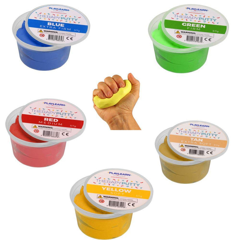 Playlearn 5 x Therapy Putty Squeezable Non-Toxic, Hand Exercise, 5 Strengths Extra Soft/Soft/Soft-Medium/Medium/Firm Individually Colour Coded for Adults & Children 57g (2oz) Tubs - NewNest Australia