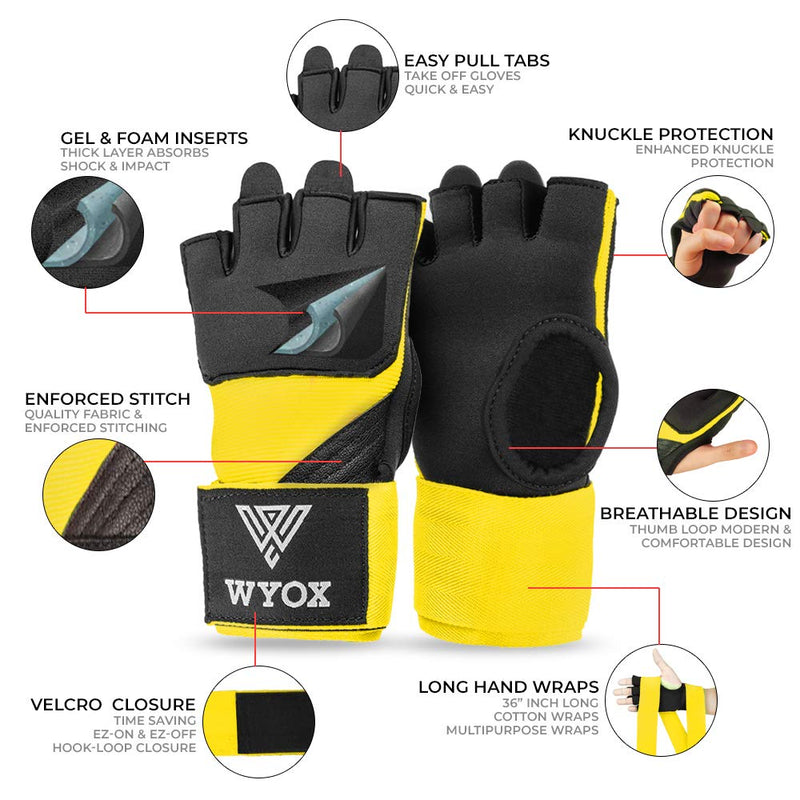 WYOX Gel Quick Hand Wraps for Boxing MMA Kickboxing - EZ-Off & On - Padded Knuckle with Wrist Wrap Protection for Men Women Youth Yellow X-Small - NewNest Australia