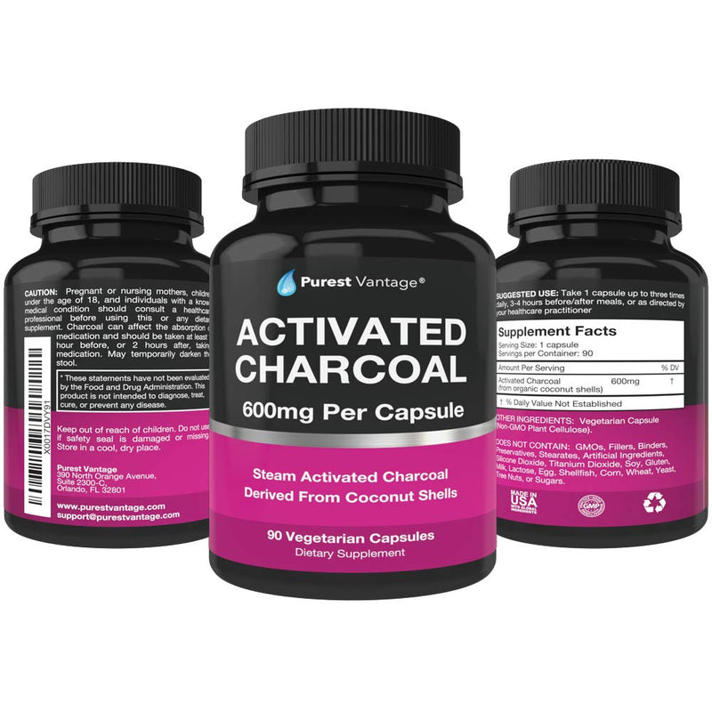 Pure Organic Activated Charcoal Capsules - 600mg per Capsule, 90 Veggie Cap Pills Used for Gas, Bloating, Teeth Whitening and More - NewNest Australia