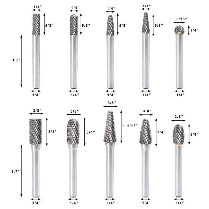 YUFUTOL Carbide Burrs Set 10pcs Double Cut Solid Carbide Rotary Burr Set 1/4 Inch Shank for Die Grinder Drill,Metal Carving, Polishing,Engraving,Drilling - NewNest Australia