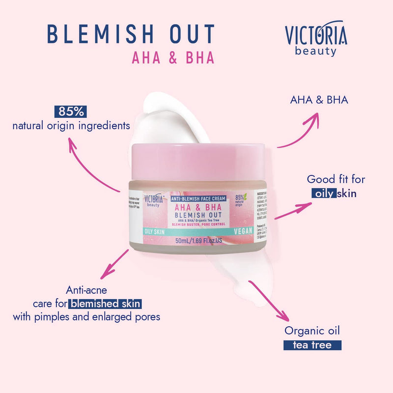 Victoria Beauty Blemish Out AHA BHA Cream - Pore Minimizer, Spots and Acne Treatment with Organic Tea Tree Oil, Salicylic and Glycolic Acid - for Oily Skin - Vegan, 87% Natural - NewNest Australia