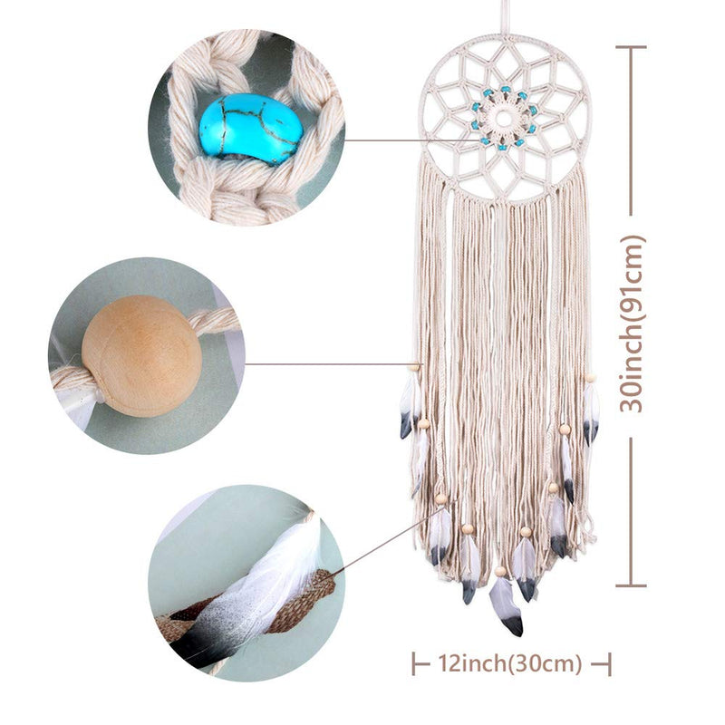 NewNest Australia - KERIQI Macrame Dream Catcher Wall Decor, Boho Large Dreamcatcher with Feather Leaf and Bead Wall Hanging for Kids Bedroom Bohemian Wedding Farmhouse Home Decor, 36 x 12 Inches 