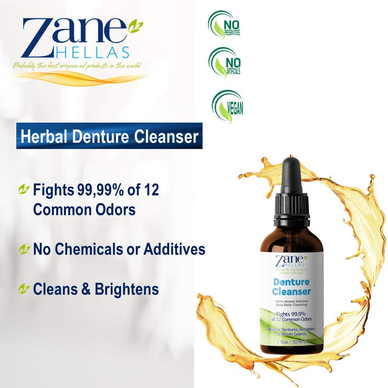 Zane Hellas Denture Cleaner. Oregano Oil Power. Ideal for Dentures, Retainers, Braces, Mouth Guards. Helps Remove Plaque, Tartar, Stains and Bad Odor. 100% Herbal Solution. 1 fl.oz.-30ml. - NewNest Australia