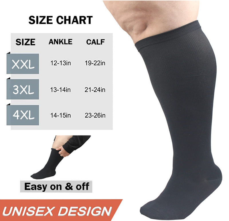 XIMISUN Plus Size Compression socks for women men, flight socks knee high support wide calf compression socks medical for nurse seniors flights fitness cycling 4XL Black-3 Pairs - NewNest Australia