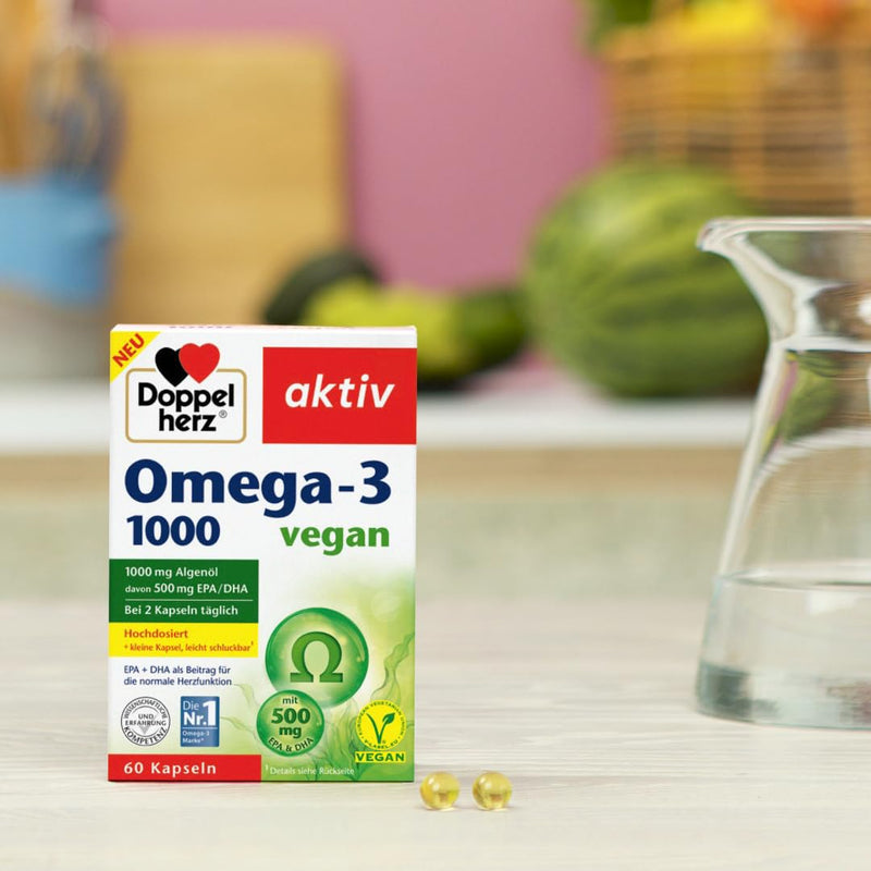 Doppelherz Omega-3 1000 vegan - high-dose omega-3 fatty acids EPA & DHA from vegetable algae oil - 60 small & vegan capsules 60 capsules - NewNest Australia