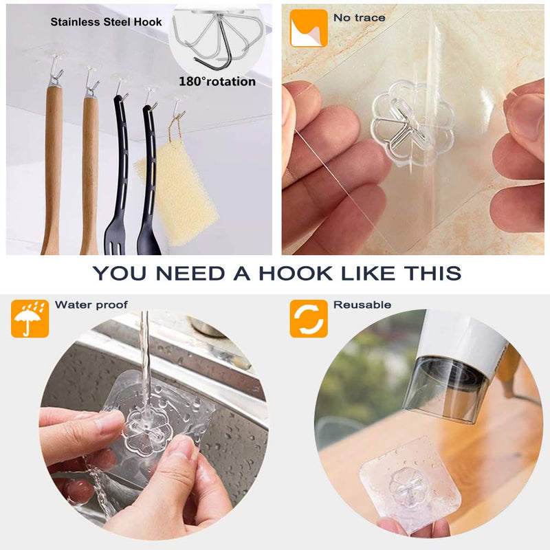 NewNest Australia - DSMY Set of 27 Self Adhesive Hooks, 180° Rotating Heavy Duty Wall Hooks Transparent Reusable Seamless Hooks 304 Stainless Hook, Oilproof Waterproof Hooks for Kitchen Bathroom Cabinet 