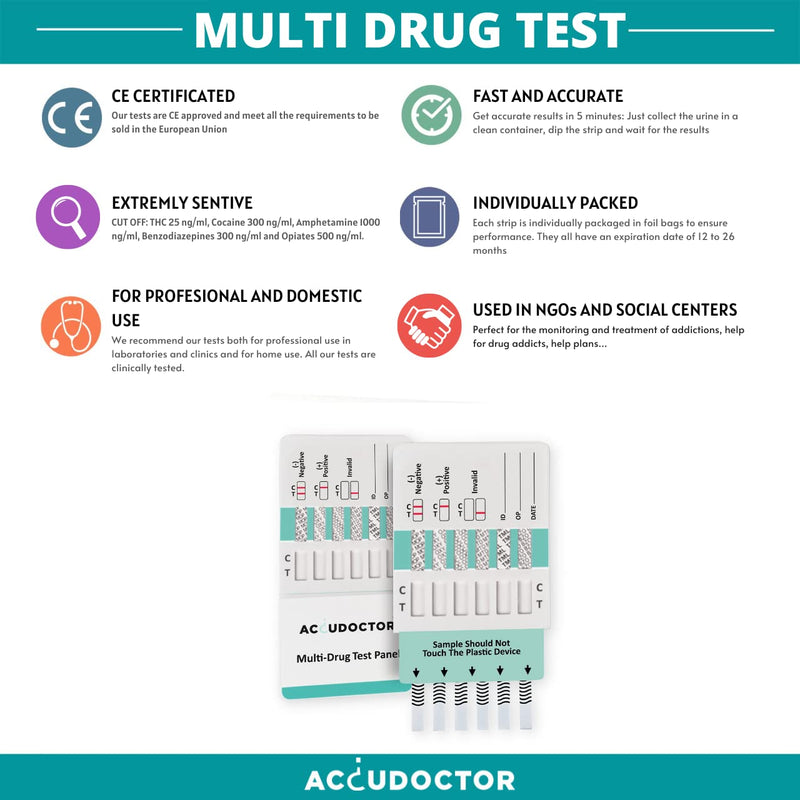 Tests Accudoctor Multi Drug Test 5 Drugs in Urine THC Cannabis Marijuana Cocaine MET MDMA Amphetamine Quick Test Urine Test Strip Multidrug Test Kit 2 Tests - NewNest Australia