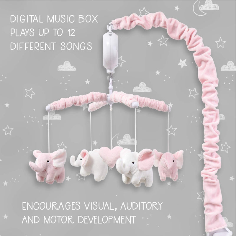 NewNest Australia - The Peanutshell Pink Elephant Musical Crib Mobile for Baby Girls | Digital Music Box with 12 lullabies 