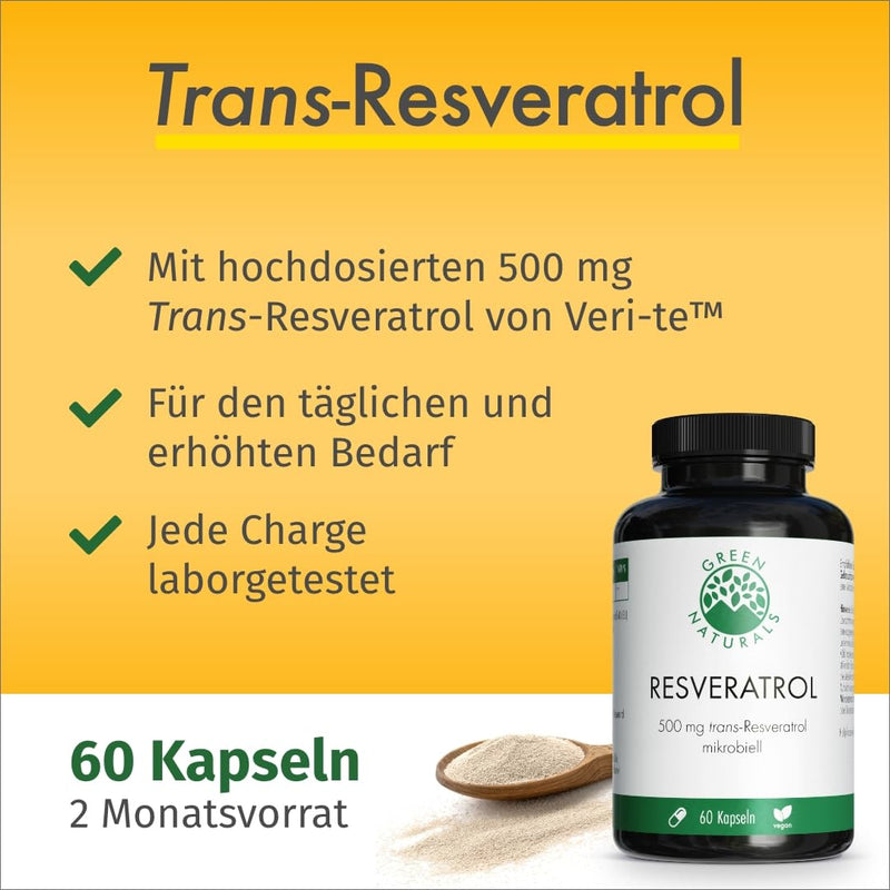 Resveratrol (60 capsules of 500 mg each) from yeast - Austrian production - 100% vegan & without additives - supply for 2 months 60 pieces (pack of 1) - NewNest Australia