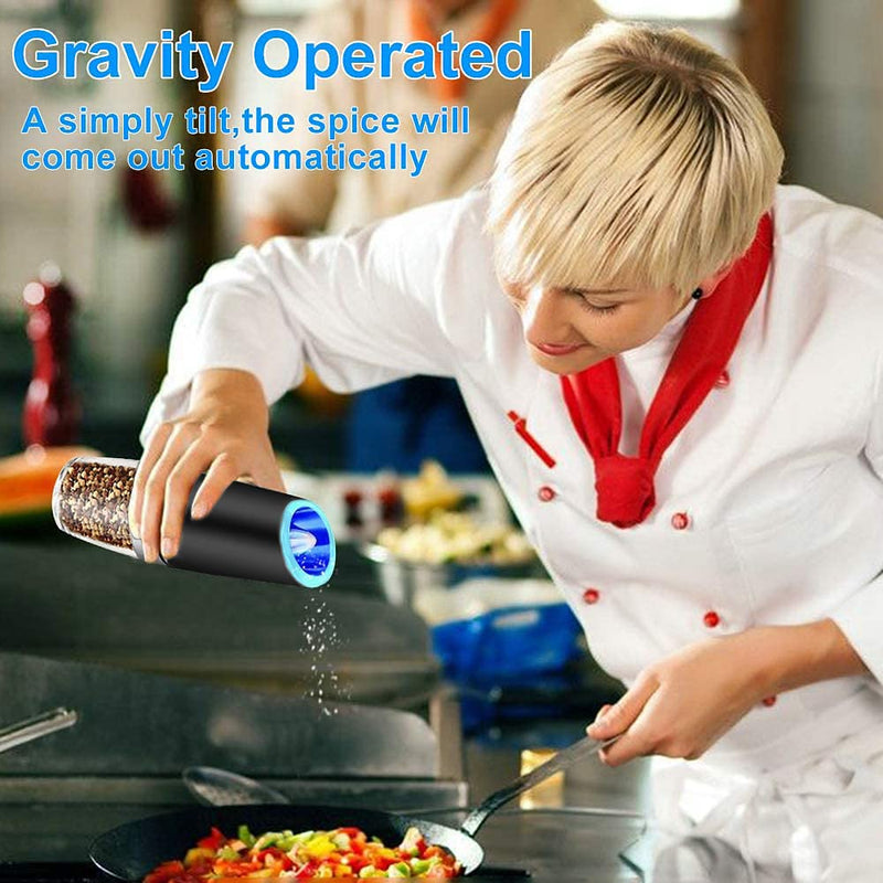 XinXu Gravity Automatic Pepper and Salt Mill, Stainless Steel, Adjustable Coarseness with Blue LED Light, One Hand Operated, Come with Brush, Gift Ideal for Housewarming, Black Black 2X - NewNest Australia