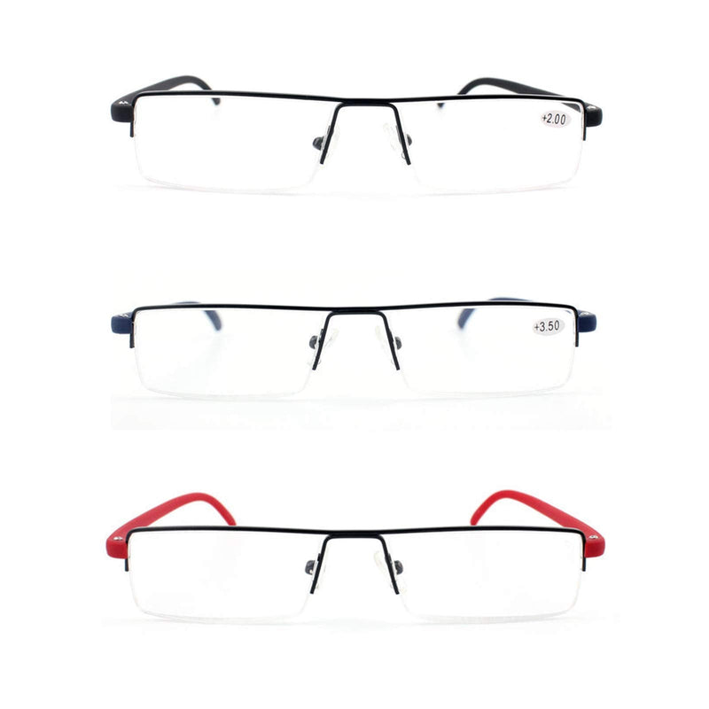 MMOWW Pack of 3 Reading Glasses for Men and Women Portable Ultralight TR90 Reading Aid Half Rim Metal Glasses with Glasses Case (Black+Blue+Red, 2.0) Black+Red+Blue 2.0 x - NewNest Australia