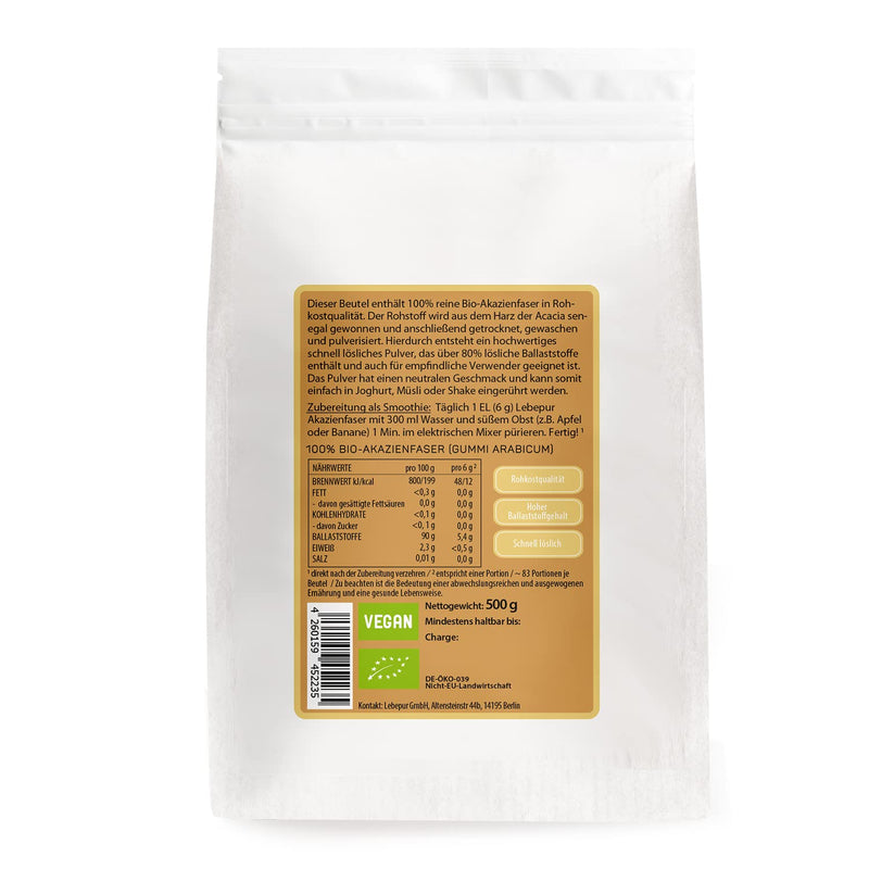 Lebepur Bio Acacia Fibers Vegan 500G, 90% Fiber, Neutral In Taste, Acacia Fiber Powder For Natural Digestion, Gluten-Free, No Additives, High Fiber Content With 90G Per 100G - NewNest Australia
