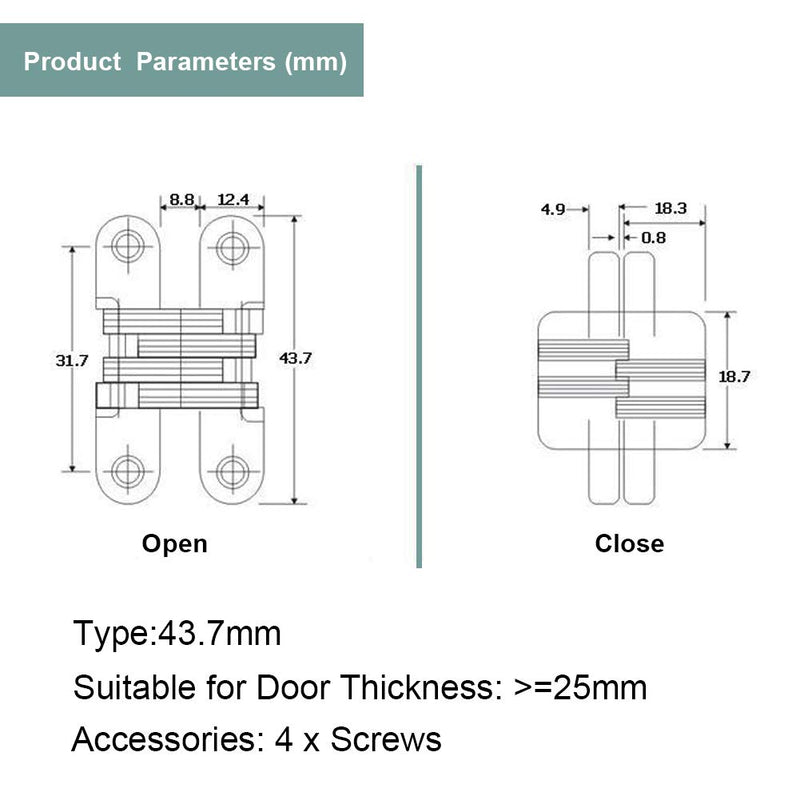 Zinc Alloy Hidden Hinge Invisible Folding Door Concealed Cross Hidden Hinges for Furniture Hardware Folding Door(43.7mm) 43.7mm - NewNest Australia