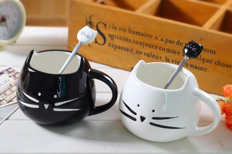 NewNest Australia - Honbay 2PCS Cute Cat Spoon Stainless Steel Tea Spoon Coffee Spoon Sugar Spoon for Cat Mug, Black and White 