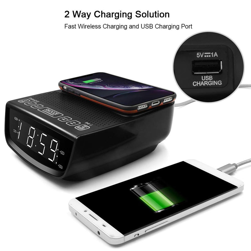 NewNest Australia - dpnao Alarm Clock FM Radio with Wireless Charging, USB Charging Port, Bluetooth Speaker, Dual Alarm, 3-Level Dimmer, Sleep Timer, Snooze for Home Bedroom Bedside 