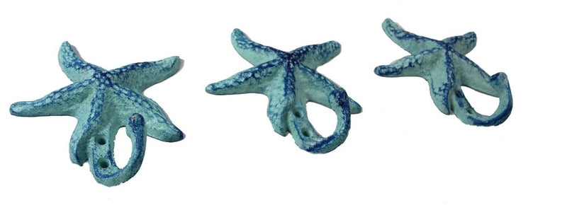 NewNest Australia - Starfish Cast Iron Wall Hooks Antique Blue - Set of 3 for Coats, Aprons, Hats, Towels, Pot Holders, More 