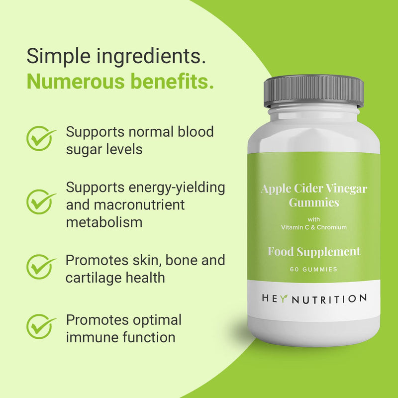 Hey Nutrition Apple Cider Vinegar Gummies Supplement - Vitamin C & Chromium - Support Skin Health, Metabolic Function & Immune Health - Vegan, Non-GMO, No Artificial Flavours - 60 Gummies - NewNest Australia