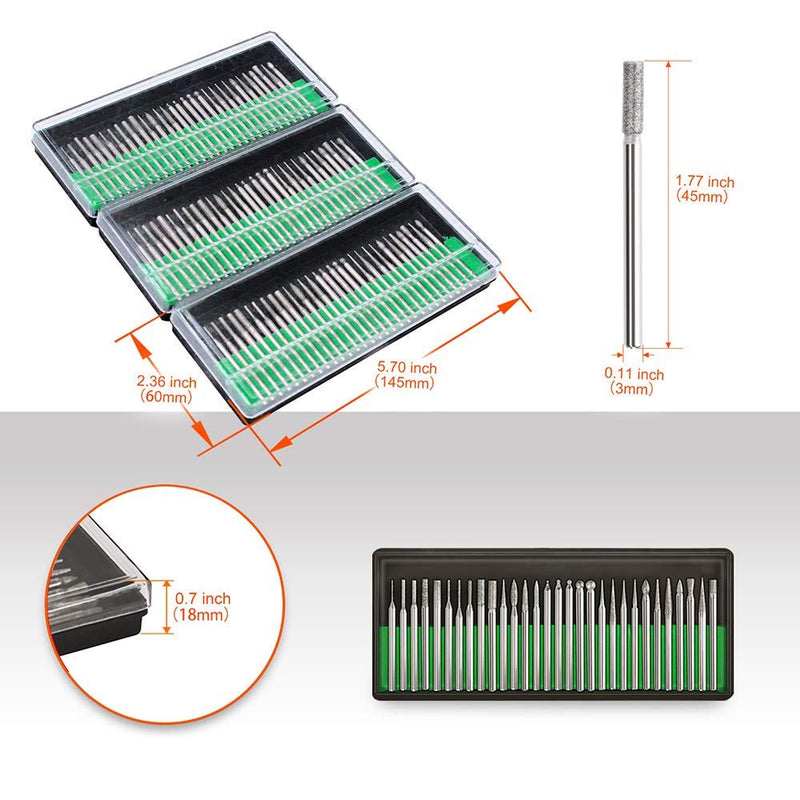 Diamond Burr Bits, ZFE Diamond Burr Bits Drill Kit for Rotary Tool Metal Woodworking Router Grinding Engraving Carving- 1/8"(3mm) Shank Pack of 90Pcs/ 3 Sets - NewNest Australia