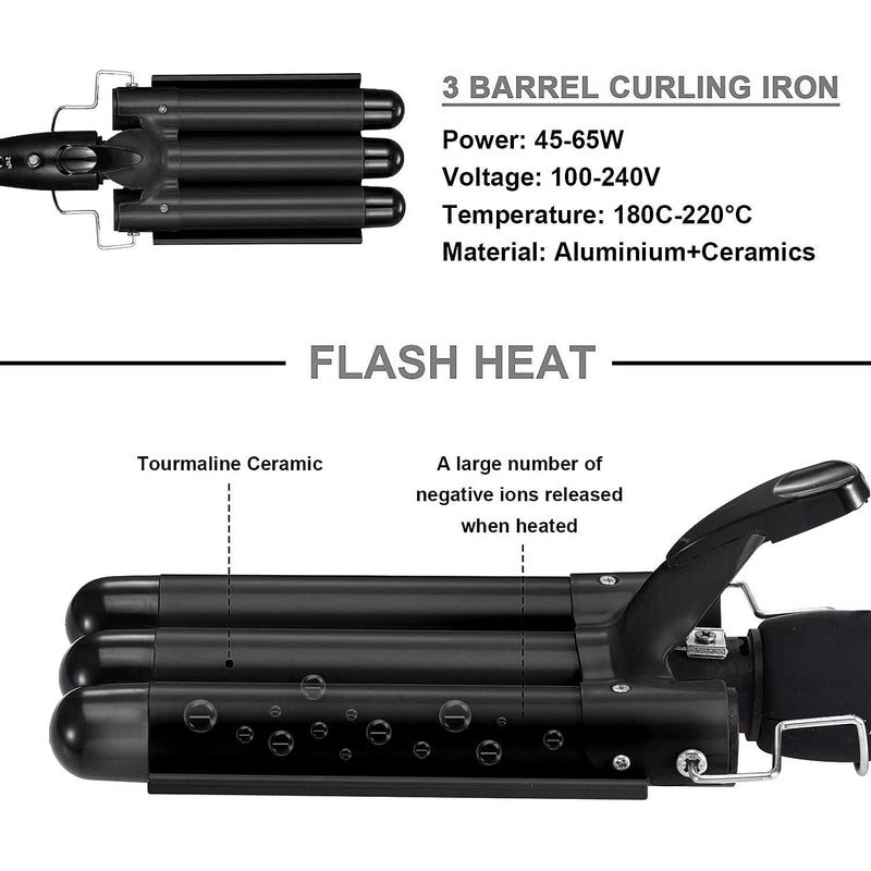 Hair Curler, 3 Barrels Hair Waver Upgrade Version Ceramic with 2 Gear Temperature Control, 25mm Curling Tongs for Long Hair, Styling Tool for Woman Crimp Hair with Plus Heat Resistant Glove Black - NewNest Australia