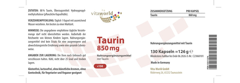 vitaworld Taurine 850 mg, high dose, pure taurine without additives, vegan, 130 capsules - NewNest Australia