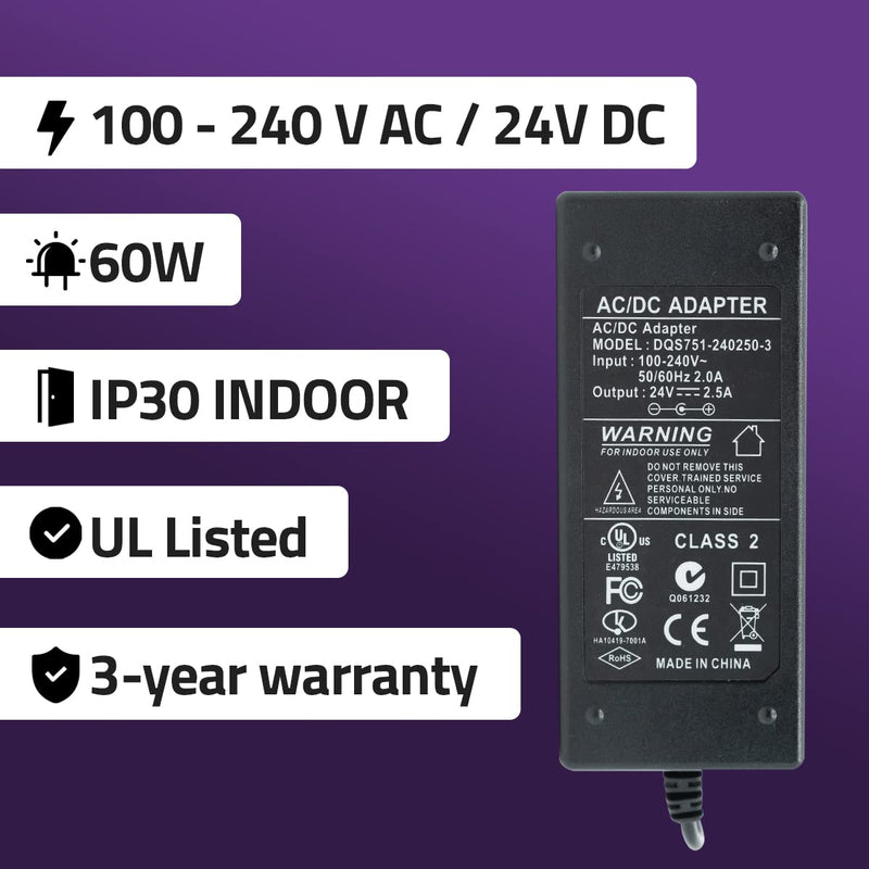Hitlights 24V Power Supply - Input 110V-240V AC, Output 24V DC / 60W, 2.5 amps - AC Plug Cord for LED Light Strip, Controllers or Dimmers 60.0 Watts - NewNest Australia