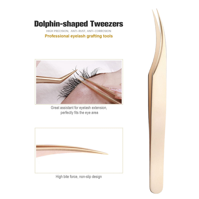 Feryes Eyelash Extension Eyelash Tweezers, Professional Dolphin And Boot Tweezers, Stainless Steel Eyelash Extension Set, Volume Precise Eyelash Tweezers With Tin Box, 2 Pieces, Gold Plated - NewNest Australia