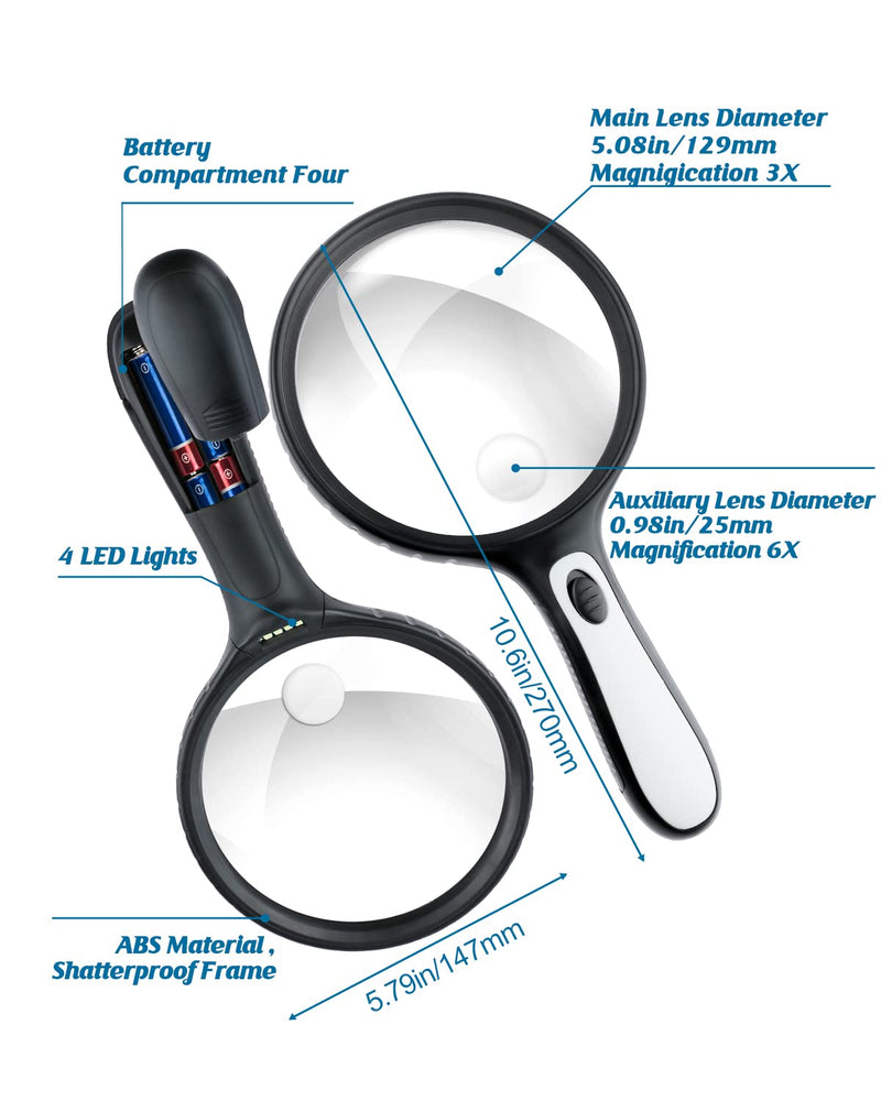 OBOVO Magnifying Glass with Light, 2X & 6X Large Handheld Reading Magnifying Glasses, 4 LED Illuminated Lighted Magnifier for Seniors Reading, Low Vision, Small Prints, Map, Stamps - NewNest Australia
