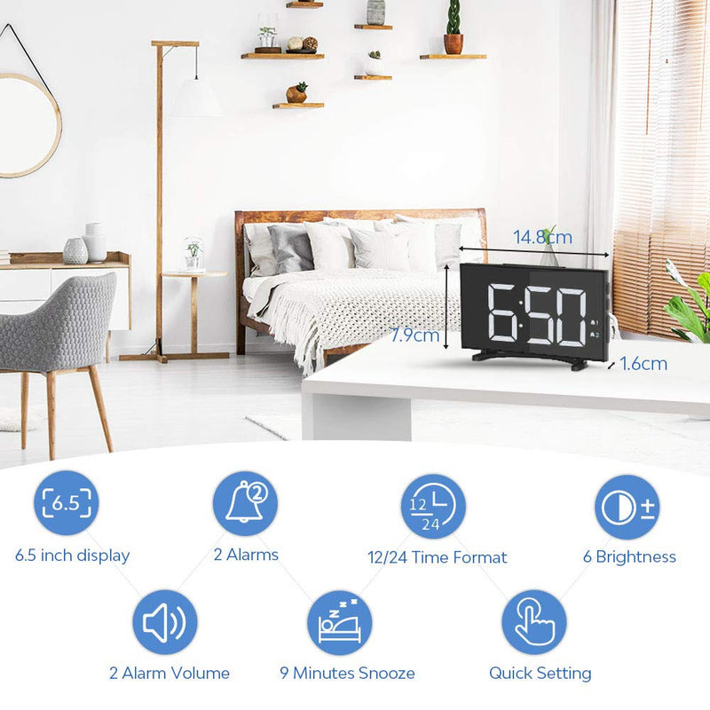 NewNest Australia - YISSVIC Led Clock 6.5 Inches Digital Alarm Clocks for Bedrooms with 6 Adjustable Brightness 24/12 Hour Setting Dual Alarms White Digits for Travel Office Desk Without Adapter 