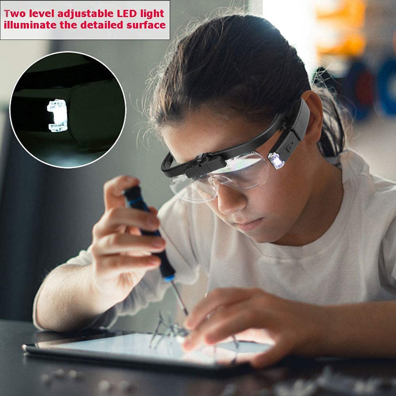 LTDOOIT Head Magnifier with Led Light Hands Free, Magnifying Glasses for Hobbies Reading Craft Close Work Usb Rechargeable, Headband Magnifier Glass with 3 Detachable Lenses 1.5X, 2X, 2.5X, Black - NewNest Australia