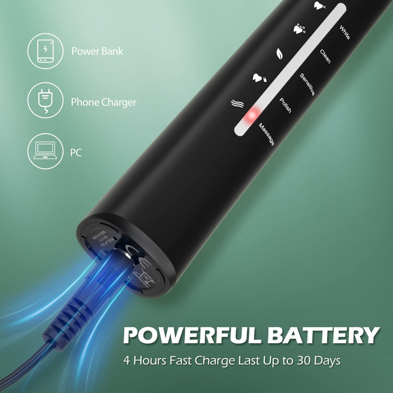 Electric Toothbrush, Sonic Toothbrushes with 8 Brush Heads 40000 VPM 5 Modes, Sonic Toothbrushes Fast Charge 4 Hours Last 30 Days, Rechargeable Electric Toothbrush for Adults, Black - NewNest Australia