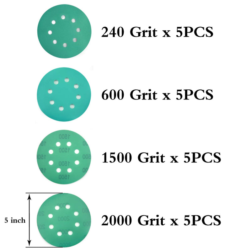 POLIWELL 5 Inch Sanding Discs 8 Holes 240/600/1500/2000 Grit Wet Dry Film-Backed Green Line Hook and Loop Dustless Power Random Orbital Sander Paper, for Car Paint Wood or Metal Polishing, 20 Pack Assortment - NewNest Australia