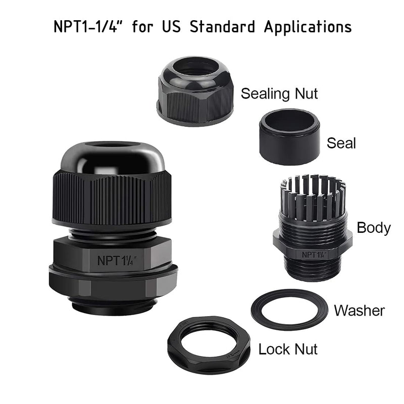 LeMotech 5 Pack NPT 1-1/4" Cable Glands Waterproof Adjustable 24-32mm Cable Connectors Black Nylon Joints with Gaskets 1-1/4inch 5-pack - NewNest Australia