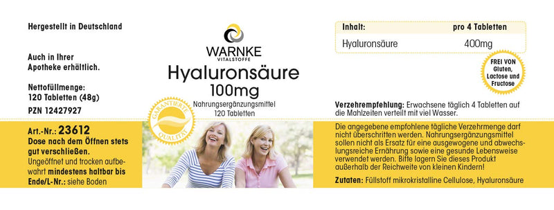 Hyaluronic acid 100mg - 120 tablets - vegan | Warnke vital substances - NewNest Australia
