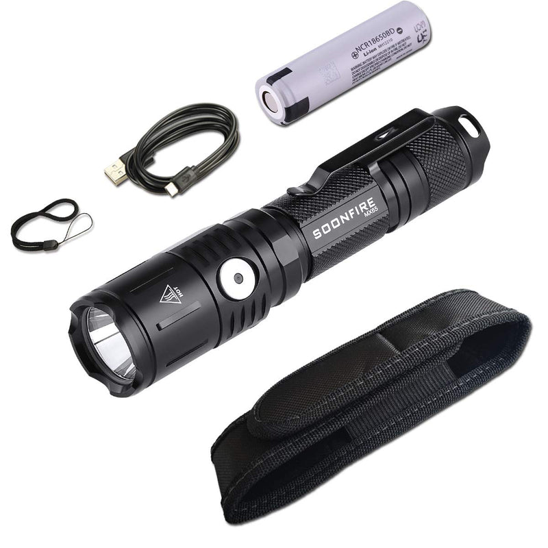 soonfire MX Series Tactical Flashlight 1060 Lumens Built-in a fast charging Micro-USB port 5 brightness Cree LED Waterproof Flashlight,18650 Battery and Holster Included(Black) Black - NewNest Australia