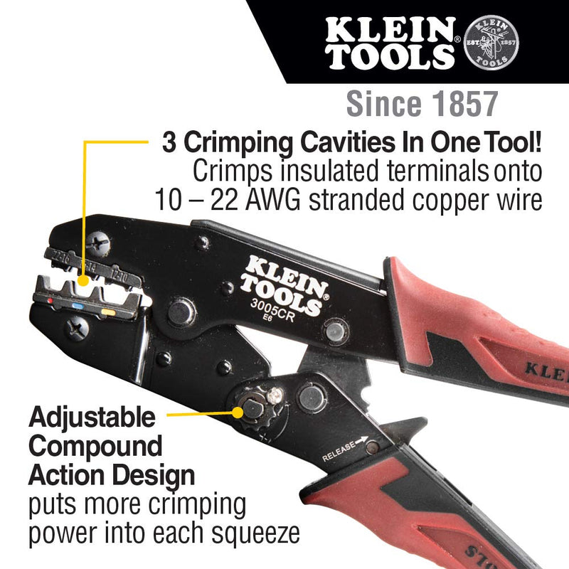 Klein Tools 3005CR Wire Crimper Tool, Ratcheting Insulated Terminal Crimper for 10 to 22 AWG Wire - NewNest Australia