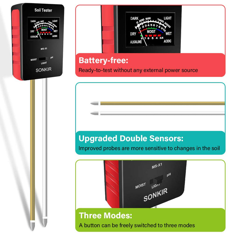 Sonkir Soil pH Meter, MS-X1 Upgraded 3-in-1 Soil Moisture/Light/pH Tester Gardening Tool Kits for Plant Care, Great for Garden, Lawn, Farm (Black) - NewNest Australia