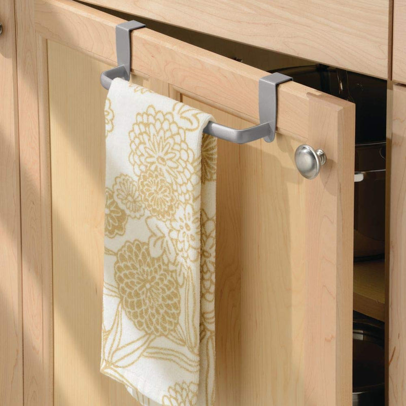 NewNest Australia - mDesign Modern Kitchen Over Cabinet Strong Steel Towel Bar Rack - Hang on Inside or Outside of Doors - Storage and Organization for Hand, Dish, Tea Towels - 9.75" Wide - Silver 