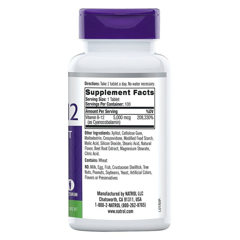 Natrol Vitamin B12 Fast Dissolve Tablets, Promotes Energy, Supports a Healthy Nervous System, Maximum Strength, Strawberry Flavor, 5,000mcg, 100 Count 100 Count (Pack of 1) 100 Tablets - NewNest Australia