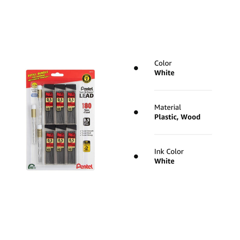 Pentel Eraser and Lead Refill Pack for Mechanical Pencils - Super Hi-polymer Lead Refills Value Pack, 0.5mm 6 Pack of 30 Pieces – Pack of White Eraser Refills 3 Packs of 4 Erasers - NewNest Australia