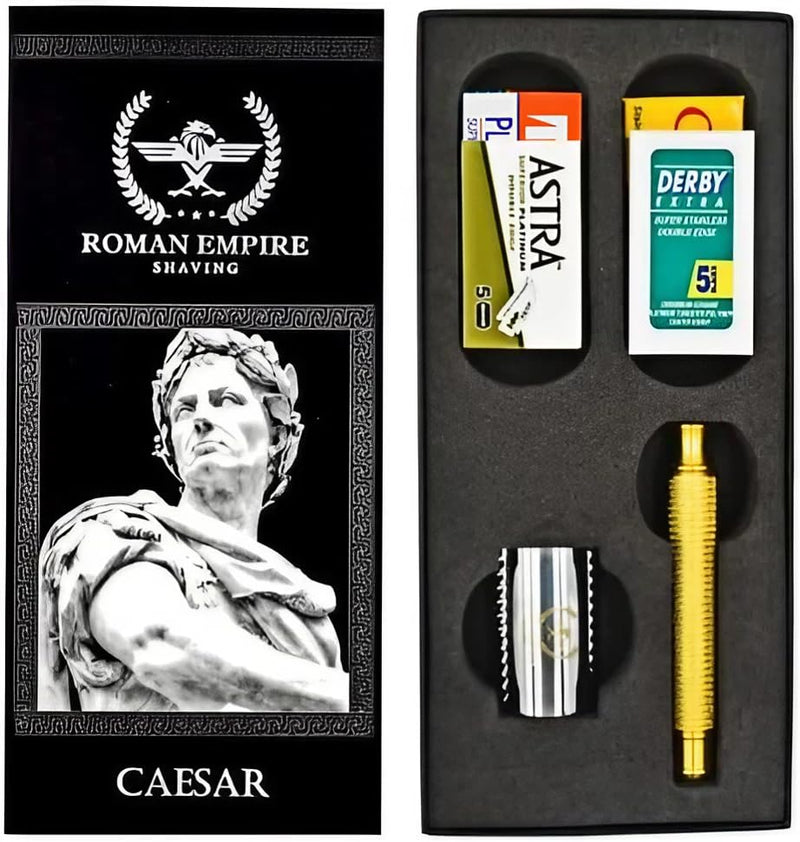 Roman Empire Shaving Double Thread Caesar Gold Safety Razor By Roman Empire Shaving, Classic Razor, Steel Safety Razor With 20 Blades (Astra-Derby Shark Treet) - NewNest Australia
