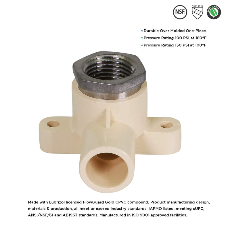 Supply Giant TTDQE034 Female x CPVC Drop Ear Elbow Transition Pipe Fitting Durable Over Molded One-Piece Design 1/2 in. Lead Free Plastic, White - NewNest Australia