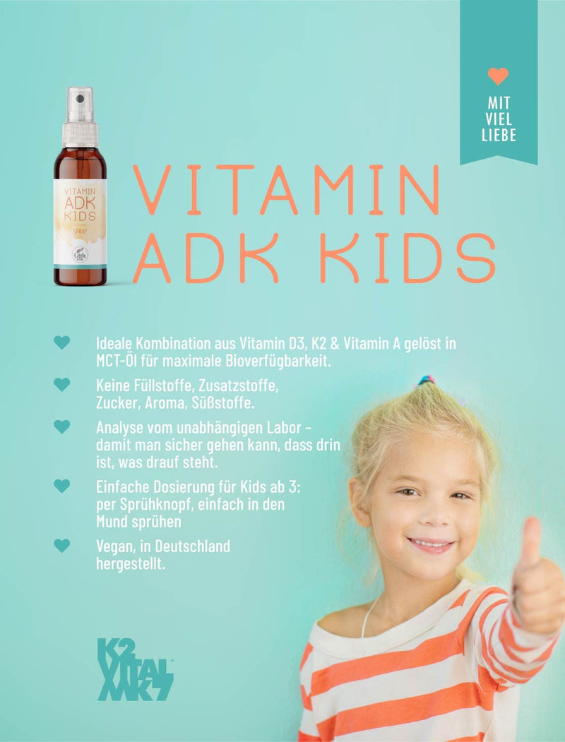 Little Wow Vitamin D3 K2 Spray + Vitamin A for Children Vegan I Immune System Vitamins for Children 180 sprays for up to 6 months I 500 IU vitamin D3 & 11.25 µg vitamin K2 per spray - NewNest Australia