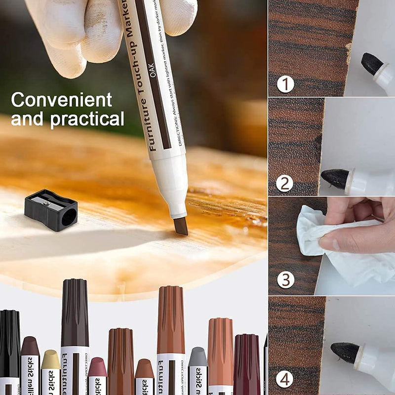 Furniture Repair Kit Wood Markers - Set of 13 - Markers and Wax Sticks with Sharpener Kit, for Stains, Scratches, Wood Floors, Tables, Desks, Carpenters, Bedposts, Touch Ups, and Cover Ups 6+6 - NewNest Australia