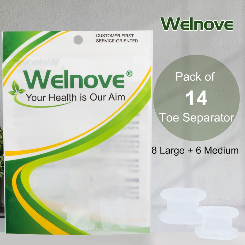 Welnove Pack of 14 Toe Separators, Gel Toe Spacers with Pad,Bunion Corrector for Overlap Toes,Reduce Pain,Rubbing and Friction (8 Large for Big Toes + 6 Medium for Small Toes) -- Transparent Clear 8 L+6 M - NewNest Australia