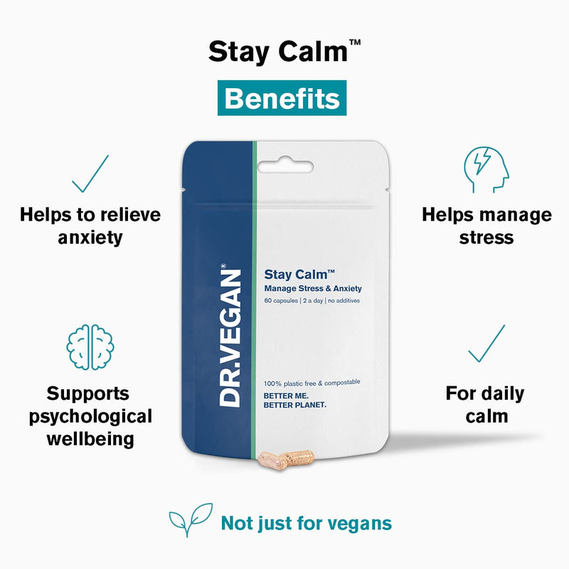 DR.VEGAN Stay Calm | for Stress & Anxiety | 60 Capsules | Two-A-Day | Including Ashwagandha KSM-66 150mg, Cordyceps 150mg, Rhodiola 100mg, Schisandra 100mg - NewNest Australia