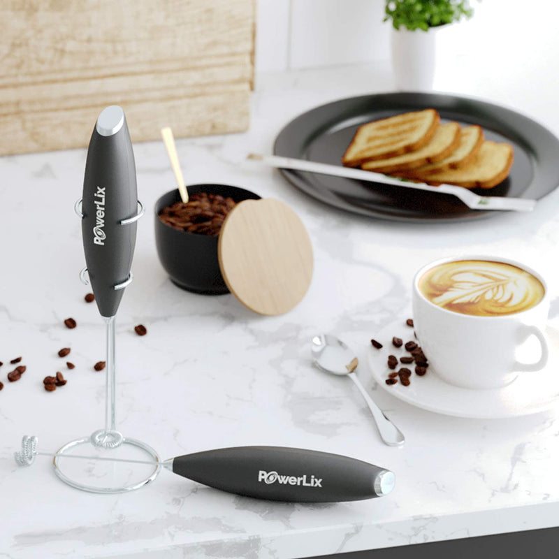 NewNest Australia - PowerLix Milk Frother Handheld Battery Operated Electric Foam Maker For Coffee, Latte, Cappuccino, Hot Chocolate, Durable Drink Mixer With Stainless Steel Whisk, Stainless Steel Stand Include (Black) Black 