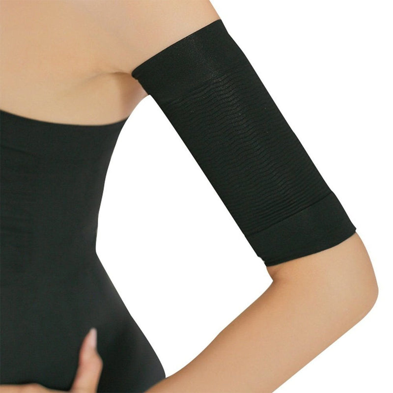 2 Pair Beauty Women Weight Loss Calories Slimming Arm Shaper Massager Lose Buster Wrap Belt Slimming Compression Arm Shaper Helps Tone Shape Upper Arms Sleeve, Black + Flesh Color - NewNest Australia